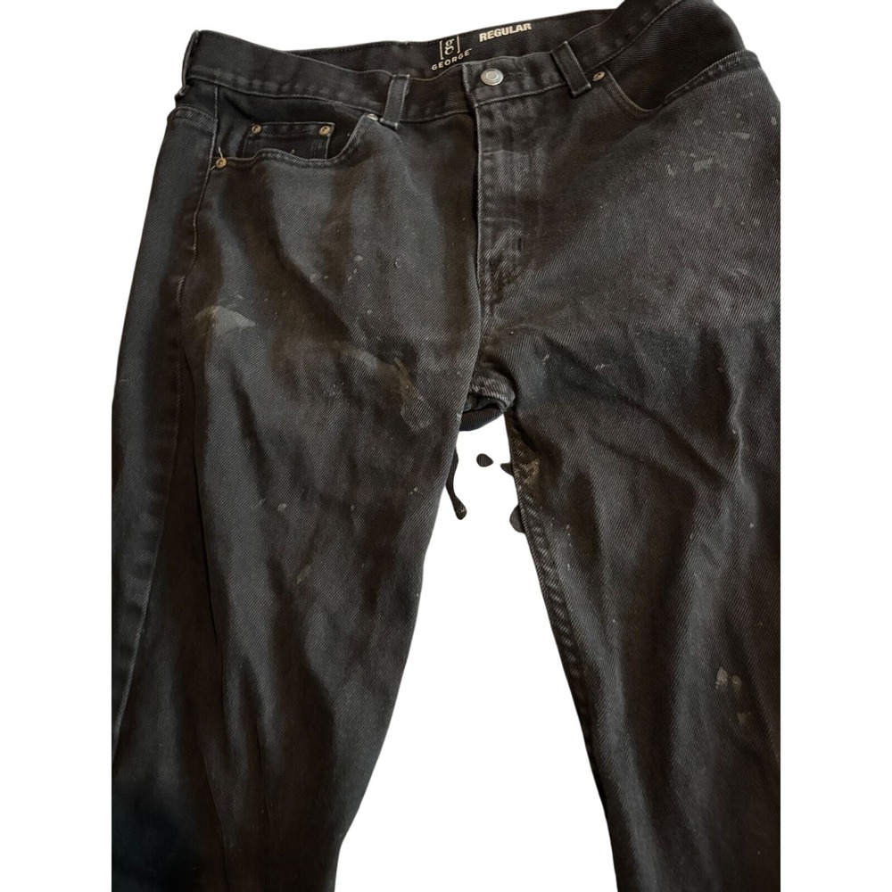 George's Regular Fit Black Denim Jeans Paint Splatter Distressed Workwear 34x30